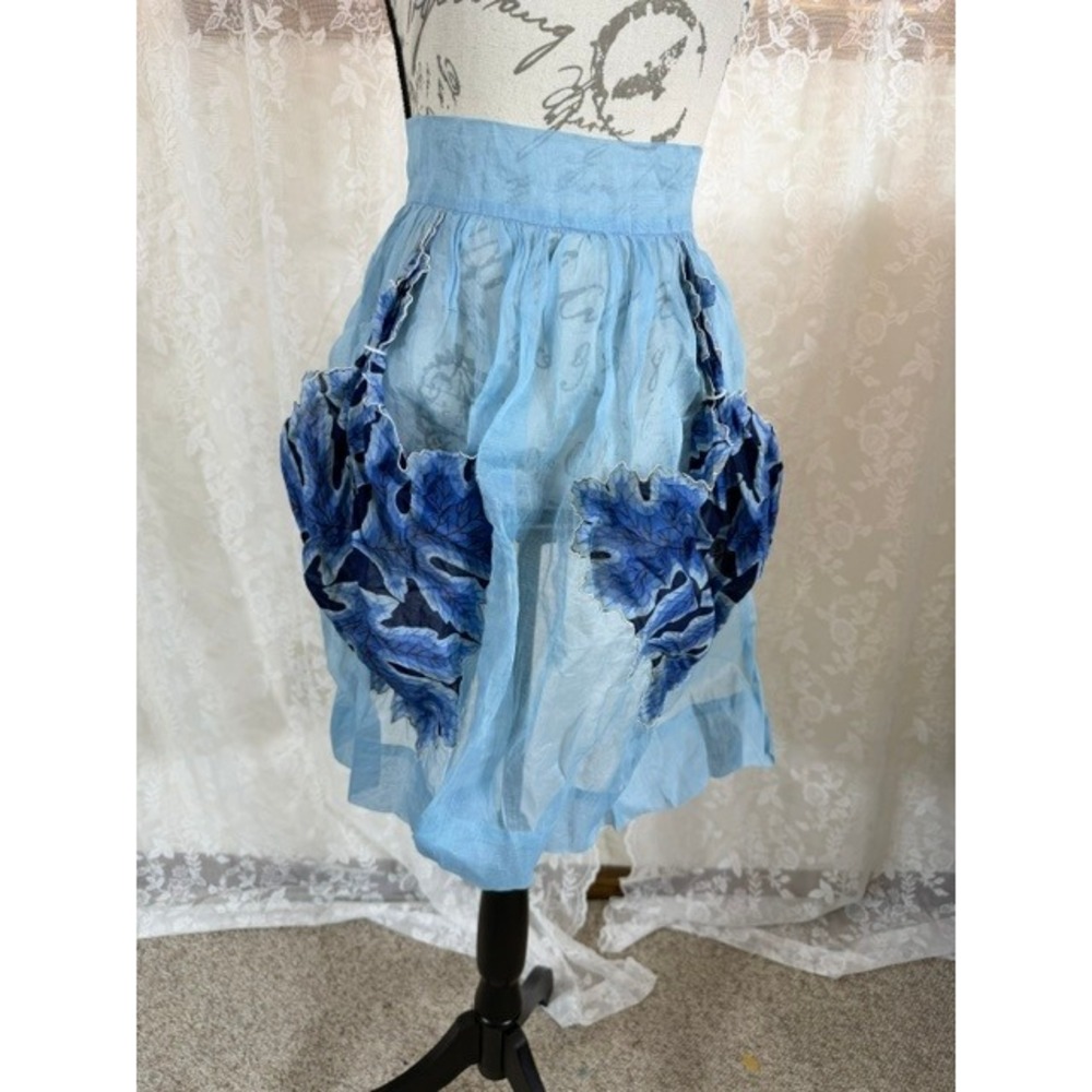 Vintage Sheer Blue Organza Half Apron Large Leaf Pockets Cottagecore Retro